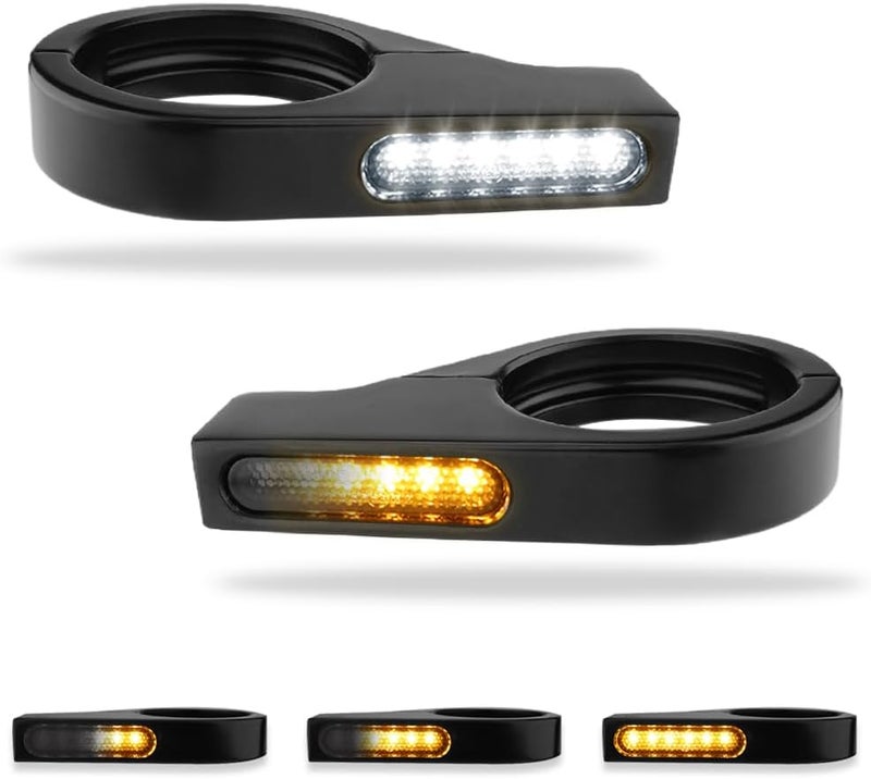 TSUNG Motorcycle Fork Mounted LED Turn Signals 39-41mm Switchback Sequential Amber Light with Bracket Indicater for Cruiser, Street Bike & Touring Motorcycles (Black Amber&White) - Image 1